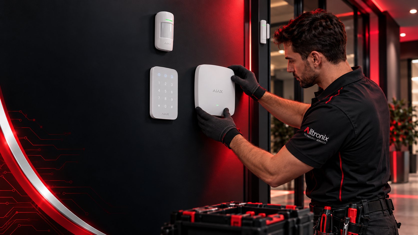 Technieker plaatst een alarmsysteem aan een wand.