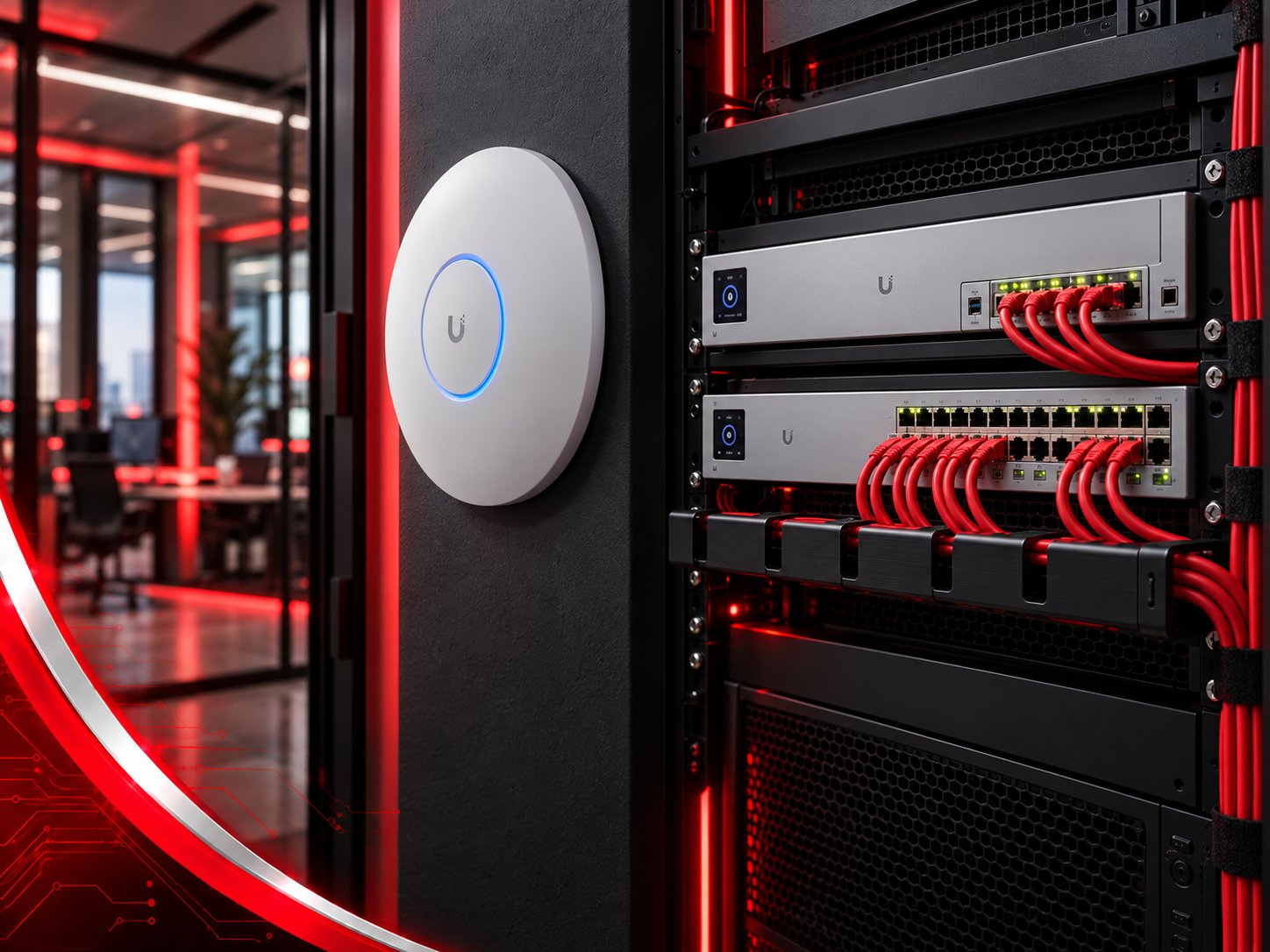 Netwerkapparatuur en een wifi-punt in een technische ruimte.